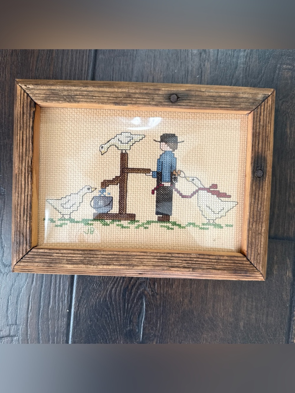 Amish farmer and goose Handmade Cross Stitch wood frame cottage core art